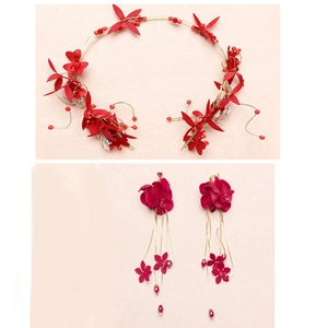 Ensemble serre-tête et boucles d'oreilles fleurs rouges de mariée avec fils d'or