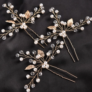 Set de 3 épingles à cheveux mariée fait main avec feuilles dorées, perles et cristaux