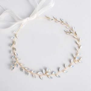 Minimalist bridal gold vine crown with opal white leaves and white silk ribbon