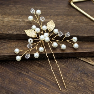 Épingle à cheveux de mariée en feuille d'or avec perles blanches et cristal décoratif