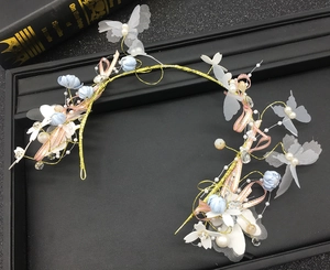 Detailed handmade headband featuring blue silk flowers, gauze butterflies and white pearls