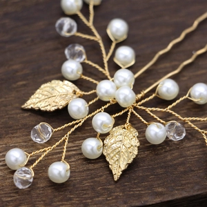 Épingle à cheveux de mariée avec feuilles dorées, perles blanches et perles en cristal