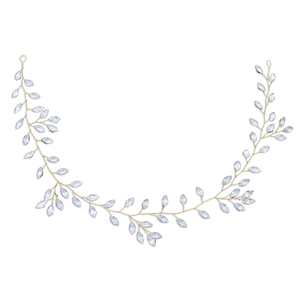 Detail of a handmade gold vine hair accessory with marquise-cut light blue crystals
