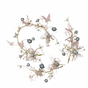 Handmade bridal hair accessories set with silk butterflies floral crown and pearls