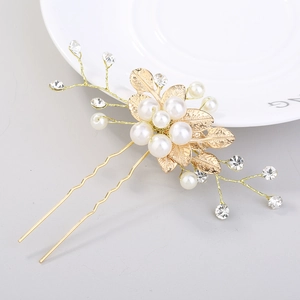 Épingle à cheveux dorée avec feuilles et perles pour accessoires de coiffure de mariée