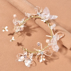 Fairy bridal flower wreath crown with lace butterflies and white fabric flowers