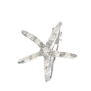 Detail showing starfish hair clip with faux pearls and rhinestones on silver alloy