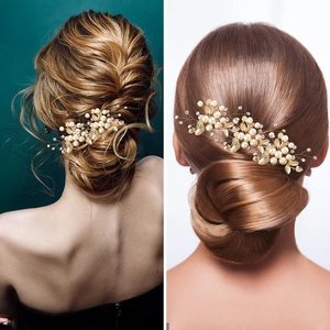 Détail d'épingles à cheveux feuilles dorées avec perles et cristaux pour coiffures de mariée