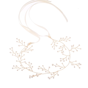 Elegante cerchietto da sposa dorato con rami di perle e nastri di seta color crema
