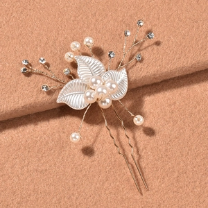 Épingle à cheveux de mariée avec perles blanches, fleurs strass et feuilles d'or
