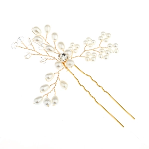 Épingle à cheveux de mariée avec perles et cristaux sur branche florale dorée