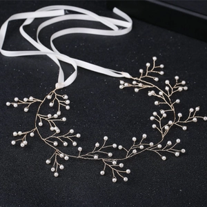 Fascia per Capelli Sposa Fatta a Mano con Künstliche Perle Sintetiche Oro Argento Filo Metallico Ramo Copricapo con Nastro di Raso