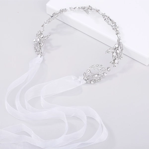 Silver bridal headband with floral rhinestones and white organza ribbons for wedding