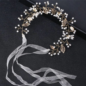 Handgefertigte Goldblatt Braut Haar Rebe Strass Künstliche Perle Hochzeit Stirnband Organzaband Elegante Haarschmuck Für Damen