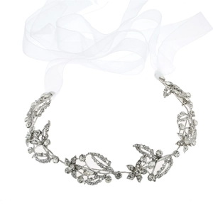Silver bridal headband with rhinestone floral leaves and white organza ribbons