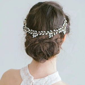 Bridal Hair Vine Headband With Leaf Zirconia And Satin Ribbon Elegant Alloy Floral Headpiece For Wedding Party Women