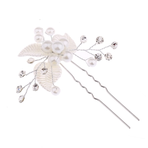 Épingle à cheveux de mariée avec perles blanches et strass sur métal argenté