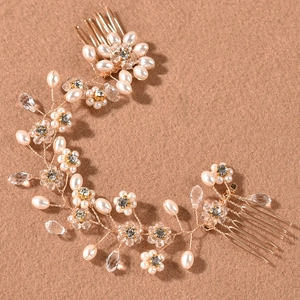 Peigne à cheveux de mariée fait main avec perles et cristaux sur vigne de fil doré
