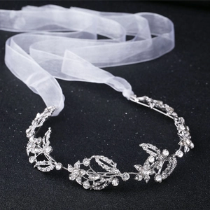 Elegant Alloy Rhinestone Flower Leaf Bridal Hair Band With White Organza Ribbon Wedding Banquet Women Hair Accessories