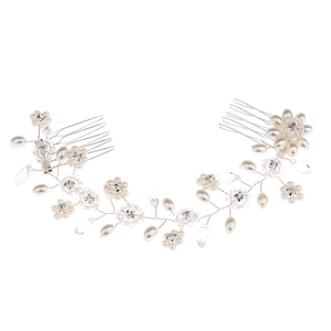 Vigne de cheveux de mariée faite main avec perles blanches et cristaux argentés pour mariage