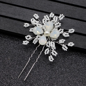 Handmade Beaded Flower Bridal Hair Stick Silver Alloy U-Shaped Hair Fork Faux Artificial Pearl Resin Opal Hair Accessories For Wedding