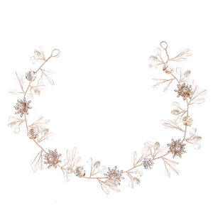 Elegant rose gold bridal headband with white pearls and sparkling crystal flowers