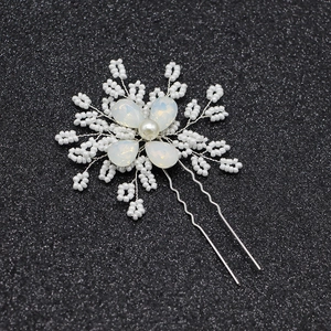 Exquisite handmade beaded flower bridal hair pin with white pearls and silver snowflakes