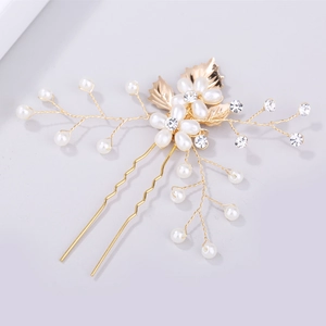 Baroque gold leaf hair pin with white pearls and sparkling rhinestones for bridal hairstyles