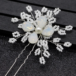 Handmade bridal flower hair pin with white beads and pearls on silver wire for weddings