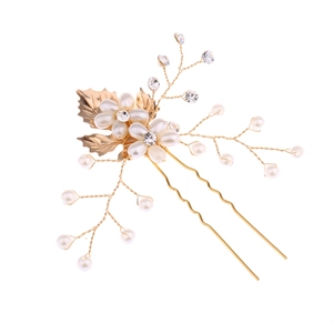 Baroque gold leaf hair pin with white faux pearls and rhinestones for bridal hairstyle
