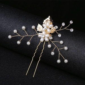 Baroque Gold Alloy Leaf Artificial Pearl Flower Hairpin Bridal Wedding Rhinestone U-Shaped Hair Stick Elegant Headpiece For Women