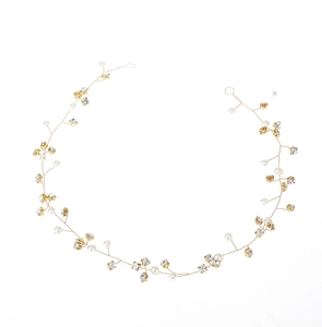 Elegant gold bridal hair vine with white pearls and sparkling crystal rhinestones