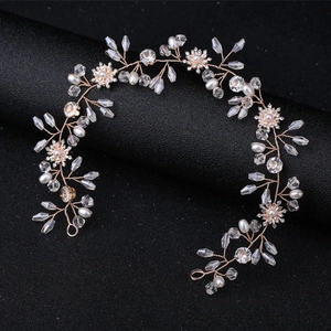 Handmade Crystal Artificial Pearl Bridal Headband Rhinestone Flower Hair Vine Wedding Headpiece For Women Banquet Party Hair Jewelry