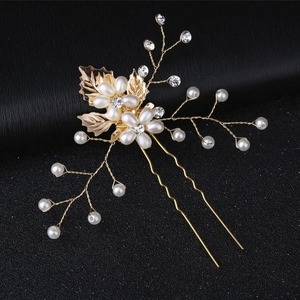 Baroque golden leaf hair pin with pearls and crystals for elegant bridal hair styling