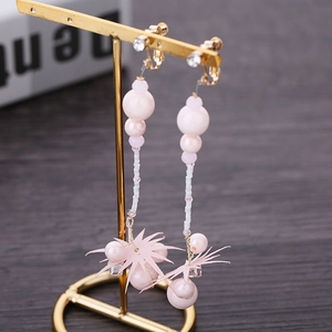 Sweet Pink Faux Artificial Pearl Long Tassel Clip-on Earrings With Fabric Flower Gold Alloy Bride Wedding No Piercing Jewelry For Women