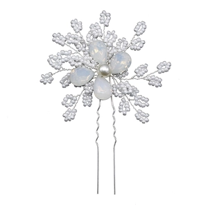 Handmade bridal flower hair pin with white beads and pearls for wedding hairstyles