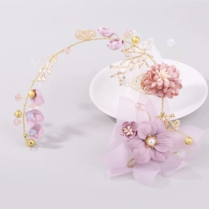 Handmade Wedding Hair Vine Gold Purple Fabric Flower Headpiece With Artificial Pearls Crystal Beads Bridal Fashion Hair Accessories