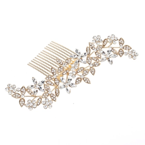Sparkling crystal bridal hair comb with gold floral design for wedding hairstyles