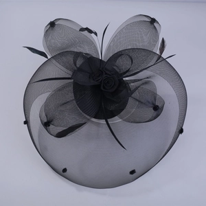 Chapeau bibi élégant en résille noire avec plumes et roses en satin pour fêtes