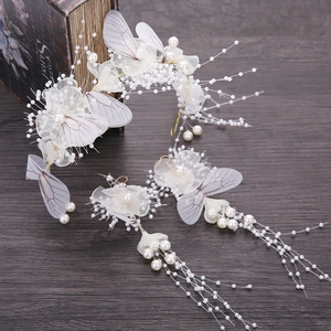 Serre-tête à Fleurs en Maille Style Forêt Et Boucles d'Oreilles Glands Papillon Bijoux de Mariage pour Femmes Rose Blanc Accessoires Cheveux