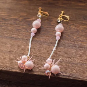 Elegant bridal long tassel clip-on earrings with pink pearls and chiffon petals