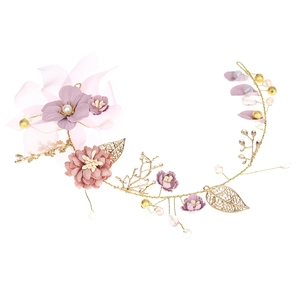 Handmade gold leaf branch and purple floral bridal headpiece with pearls and crystals