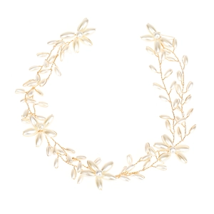 Elegant gold wire bridal headband with handmade white pearls and floral designs