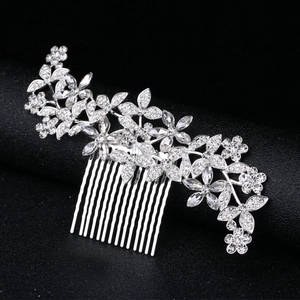 Elegant bridal hair comb with silver flower rhinestones and ten polished teeth