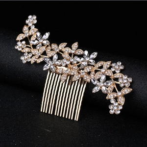 Exquisite bridal flower hair comb with sparkling rhinestones and gold alloy plating