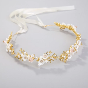 Bandeau de Mariée Fleurs Alliage Or Avec Fausses Künstliche Perles Strass Ruban en Satin Blanc pour Mariage Fête Femmes