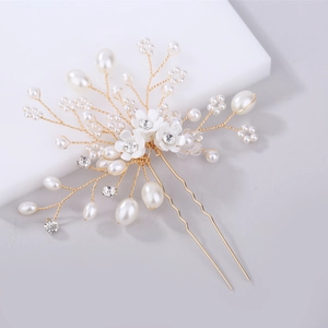 Épingle à cheveux de mariée faite main avec fleurs blanches, perles et cristaux dorés