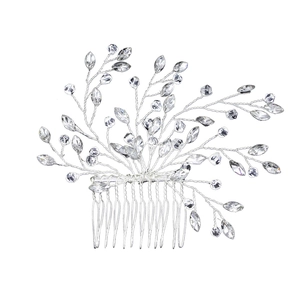 Elegant bridal hair comb with silver leaves and clear crystals for wedding hairstyles