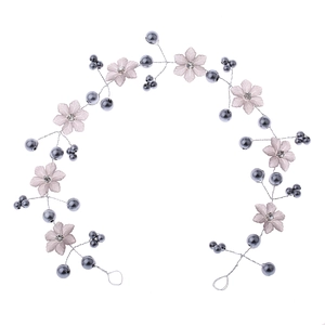 Handmade bridal hair vine with pink flowers, grey pearls and silver wire crystal beads