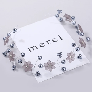 Handmade bridal headband with grey flowers, grey pearls and silver wire on white card